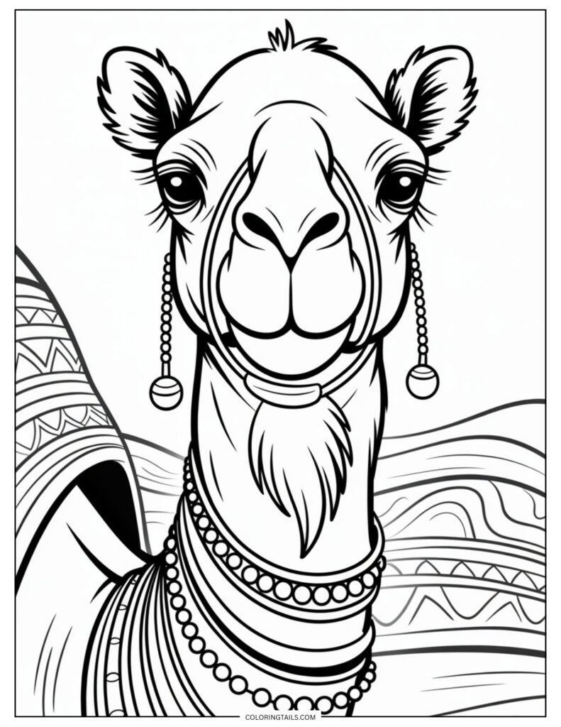 Close-up of a camel’s face and neck, heavily adorned with festive beads, bells, and colorful fabrics.