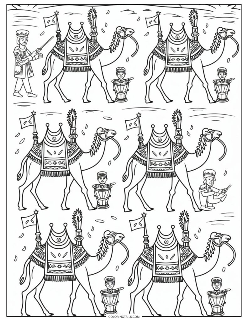 A majestic scene with camels in a procession, dressed in royal blankets, flags, and feathered headgear.