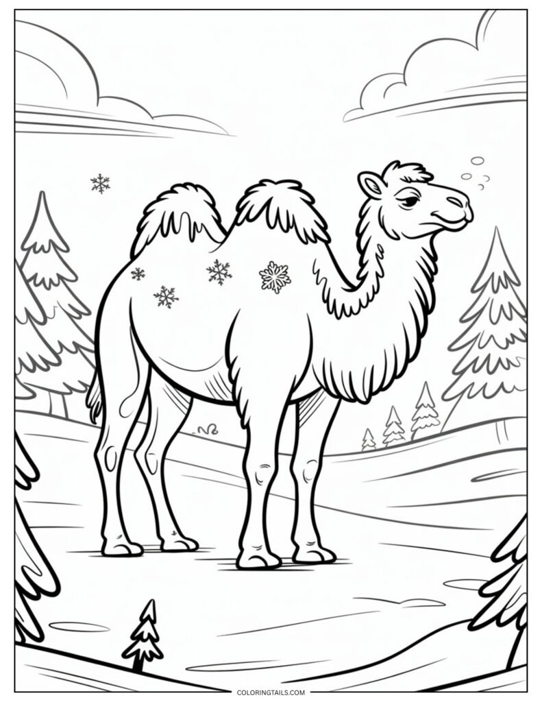 A rare twist - a camel standing in a snowy environment, with snowflakes on its hump, frosted trees, and a cold winter sky.