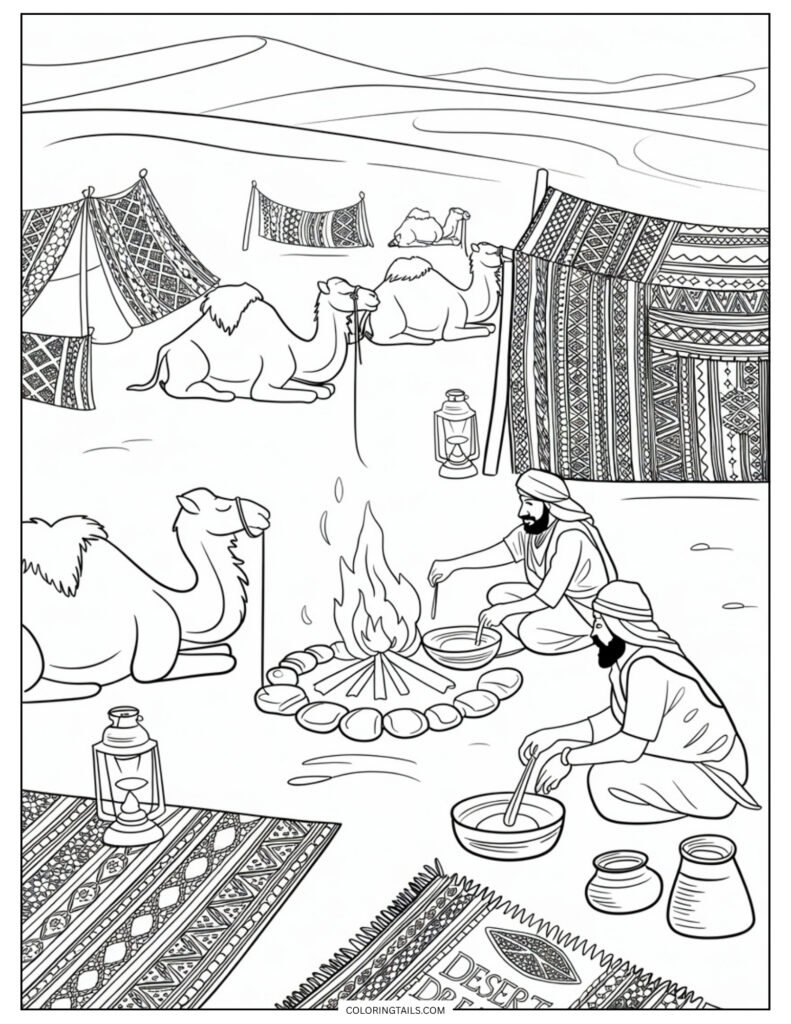 Multiple camels resting near tents, with nomadic bedouins, cooking pots, and low campfires.