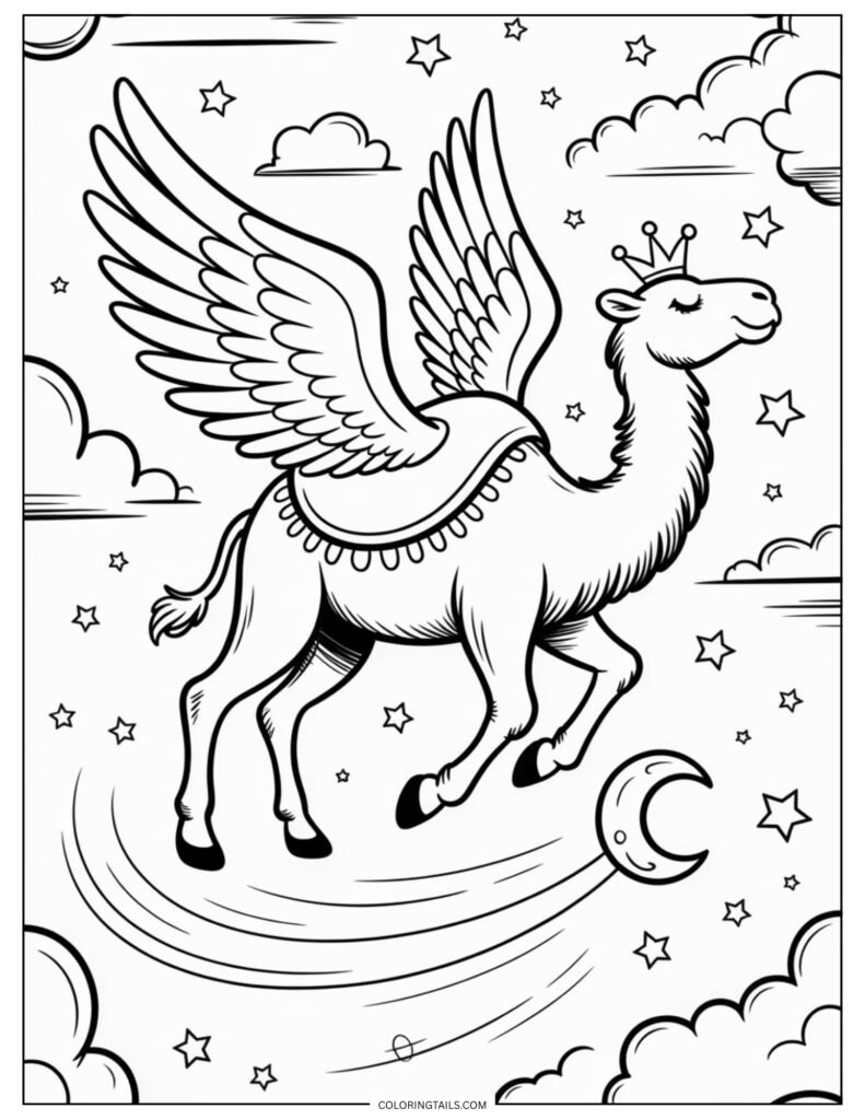 A whimsical camel with angel wings or balloon-powered saddle, flying over clouds and stars.