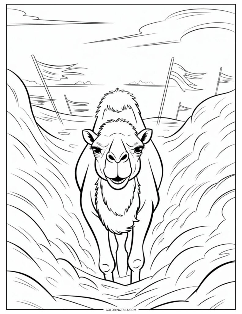 A powerful desert scene with a camel facing a raging sandstorm.