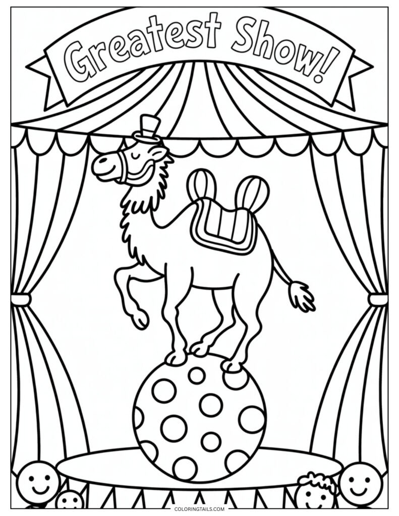 A camel in a circus outfit, balancing on a colorful platform or ball.
