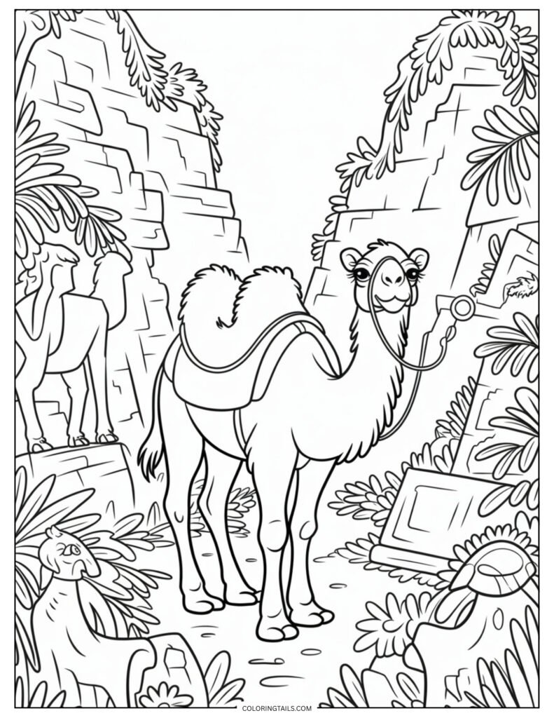 A lost camel exploring ancient stone ruins covered in vines and cracked statues.