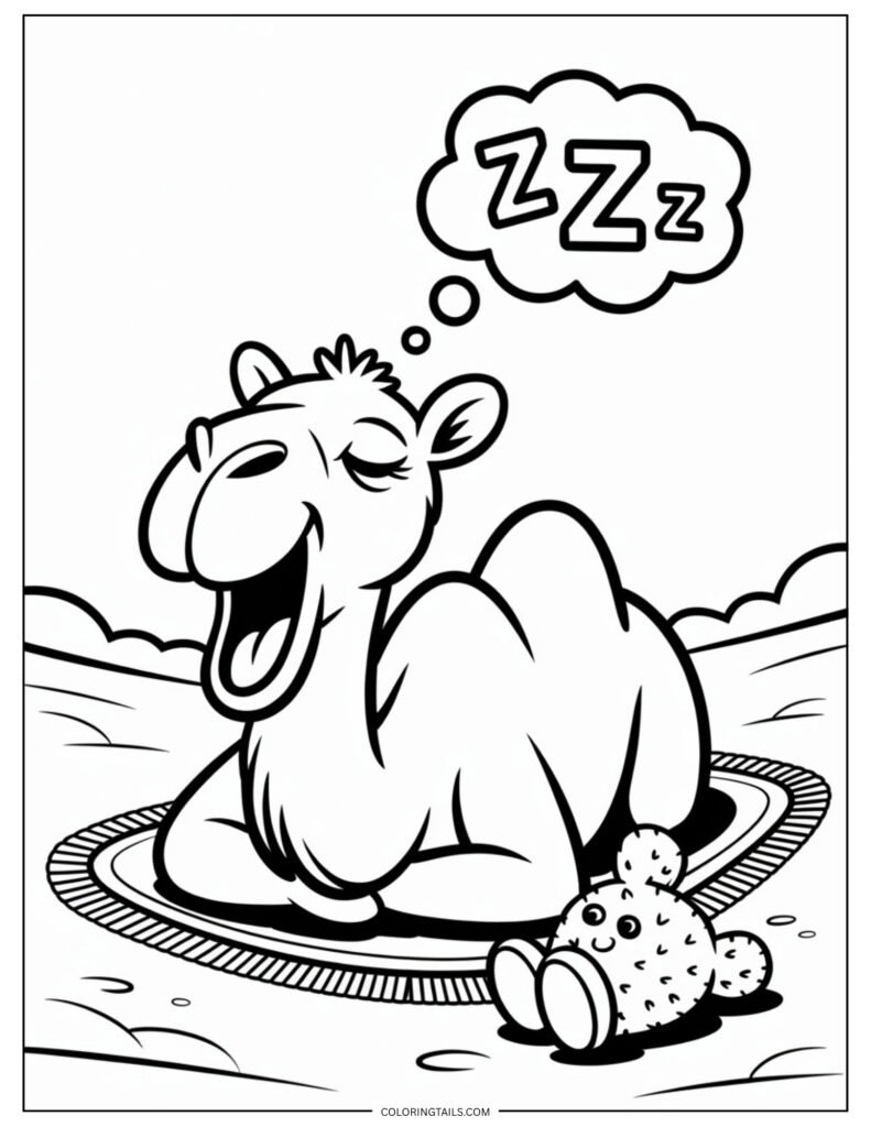 A cute and humorous scene showing a camel mid-yawn, eyes half-closed, lying on the ground with legs stretched.