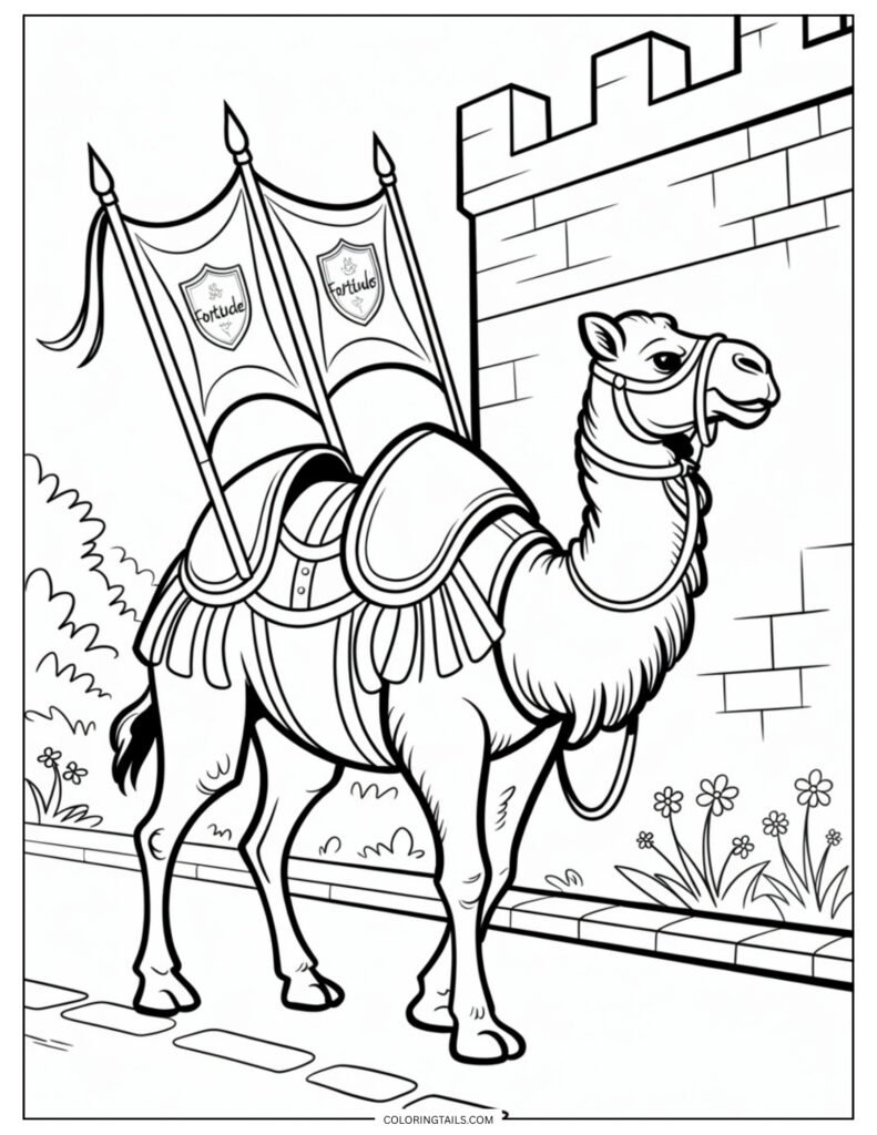 A detailed camel wearing metallic armor, leather harness, and possibly spiked gear or war banners.