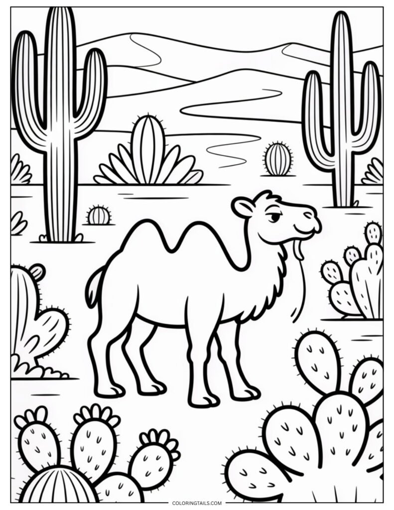 A landscape filled with various types of cactus, and a camel walking cautiously through them.