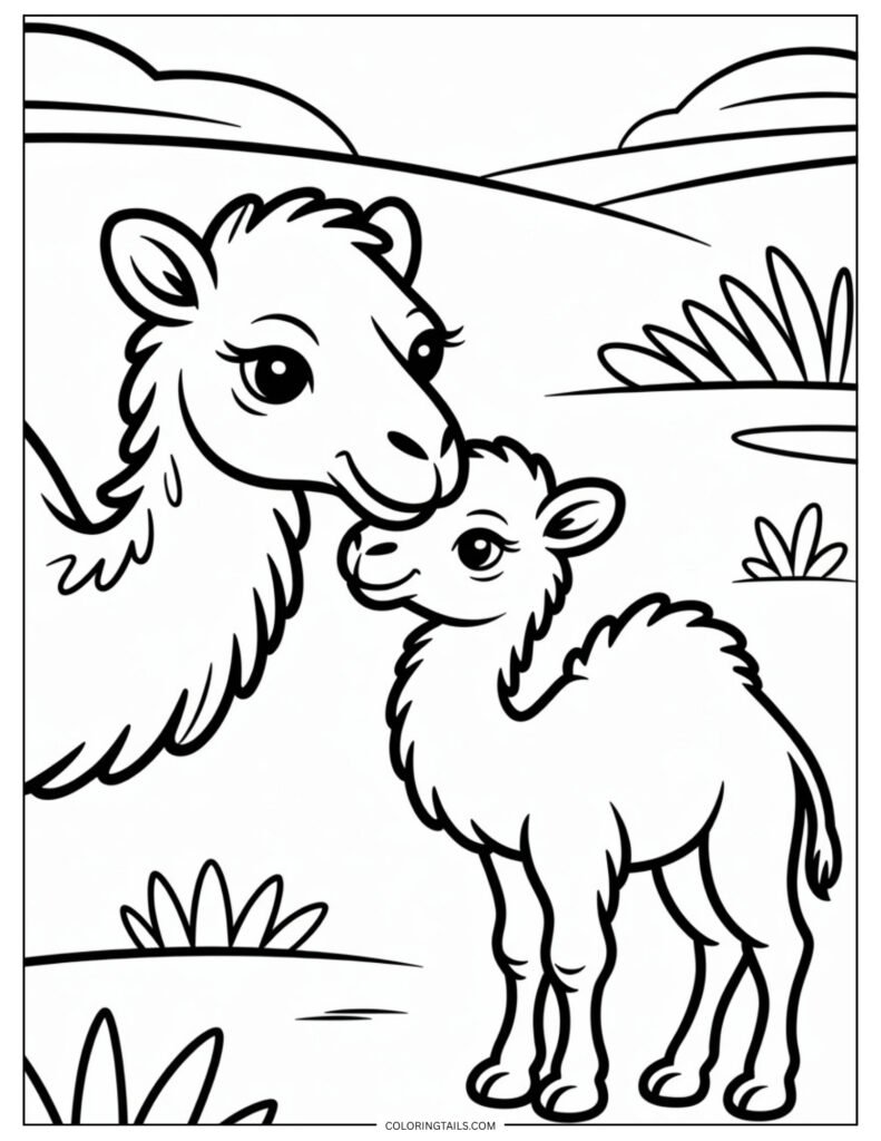 A cute baby camel nuzzling close to its mother in a peaceful desert scene.