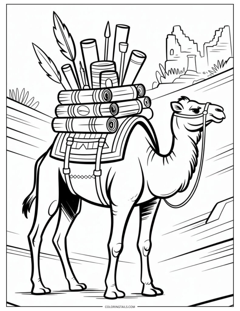 A camel carrying a bundle of ancient scrolls, books, or maps across a desert.