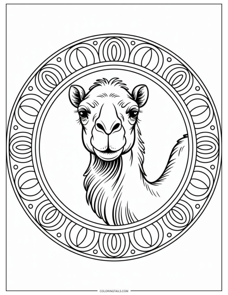 A realistic camel portrait inside a circular mandala pattern. Mix ornate details, swirls, and symbols into the border.