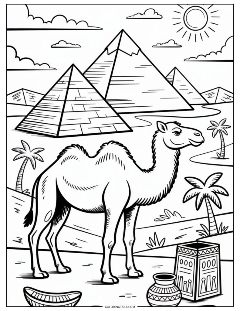 A classic Egypt-themed design featuring a camel standing proudly in front of pyramids.