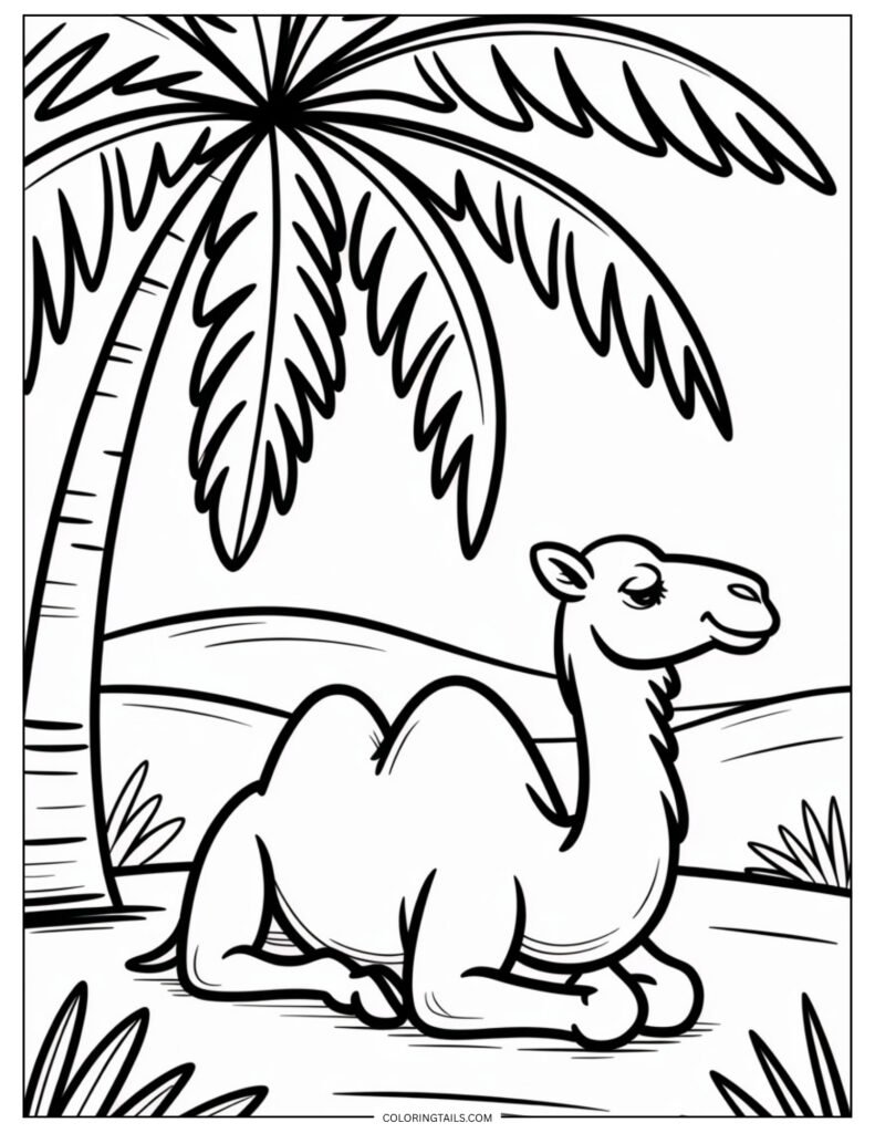 A single camel resting beneath a tall palm tree, sitting in a relaxed posture with crossed legs and a calm expression.