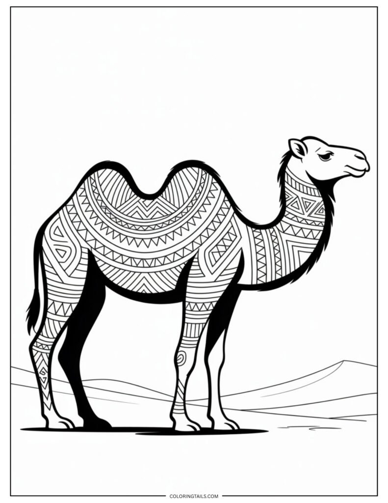 A stylized camel filled with geometric tribal or mandala patterns across its body.