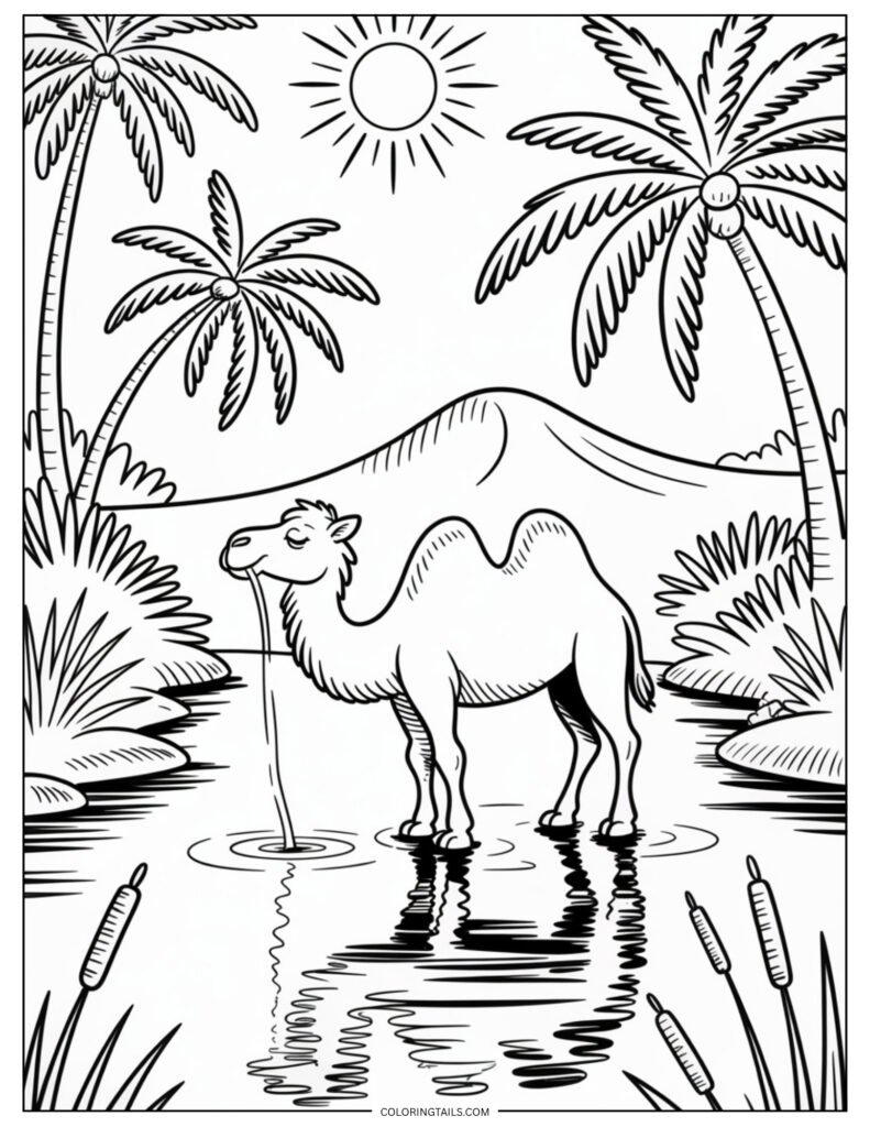 A camel drinking water from a small oasis pond, surrounded by palm trees, reeds, and a clear reflection in the water.