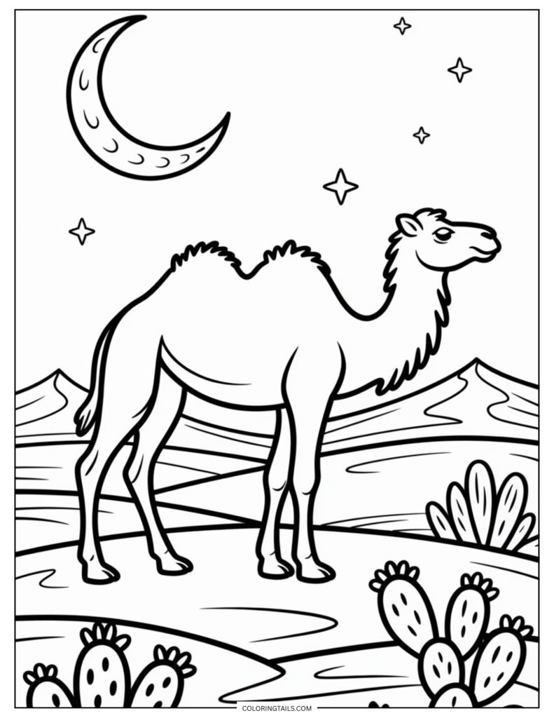 A mystical night scene of a camel standing still in the desert with a large crescent moon and scattered stars overhead.