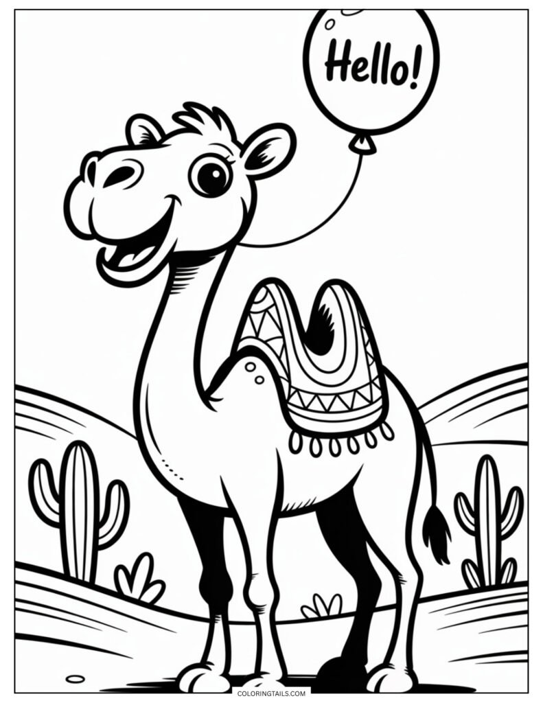 A playful, cartoon-style camel with a big smile, wide eyes, and exaggerated features.