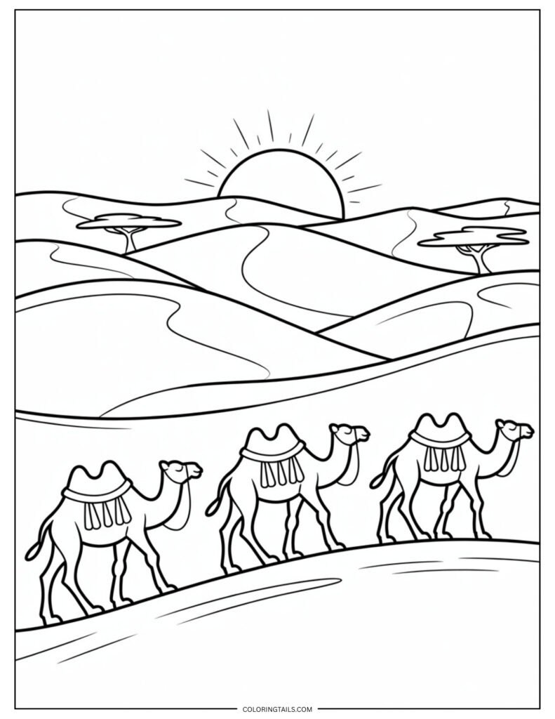 A line of three camels walking in the golden desert, each carrying traditional saddle bags.