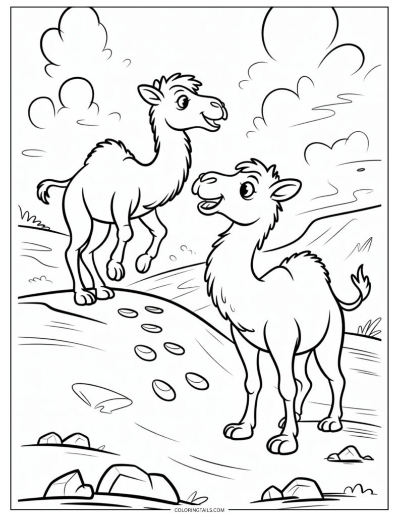 Two young camels playfully jumping or nudging each other on the desert sand. One is in mid-jump while the other looks surprised.