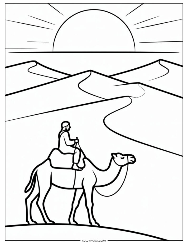 A side view of a camel with a traditional desert rider, both as black silhouettes against a sunset sky.
