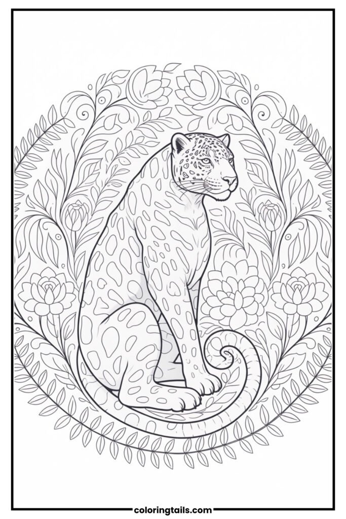 A decorative jaguar surrounded by floral and leafy designs in mandala style.
