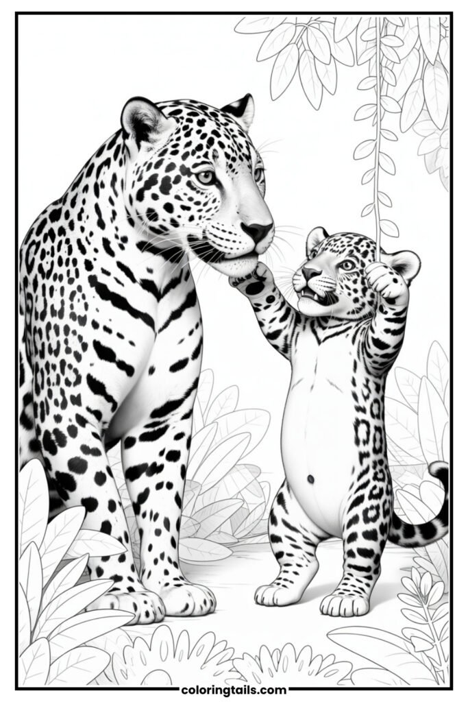 A nurturing moment between a mother jaguar and her playful young cub.