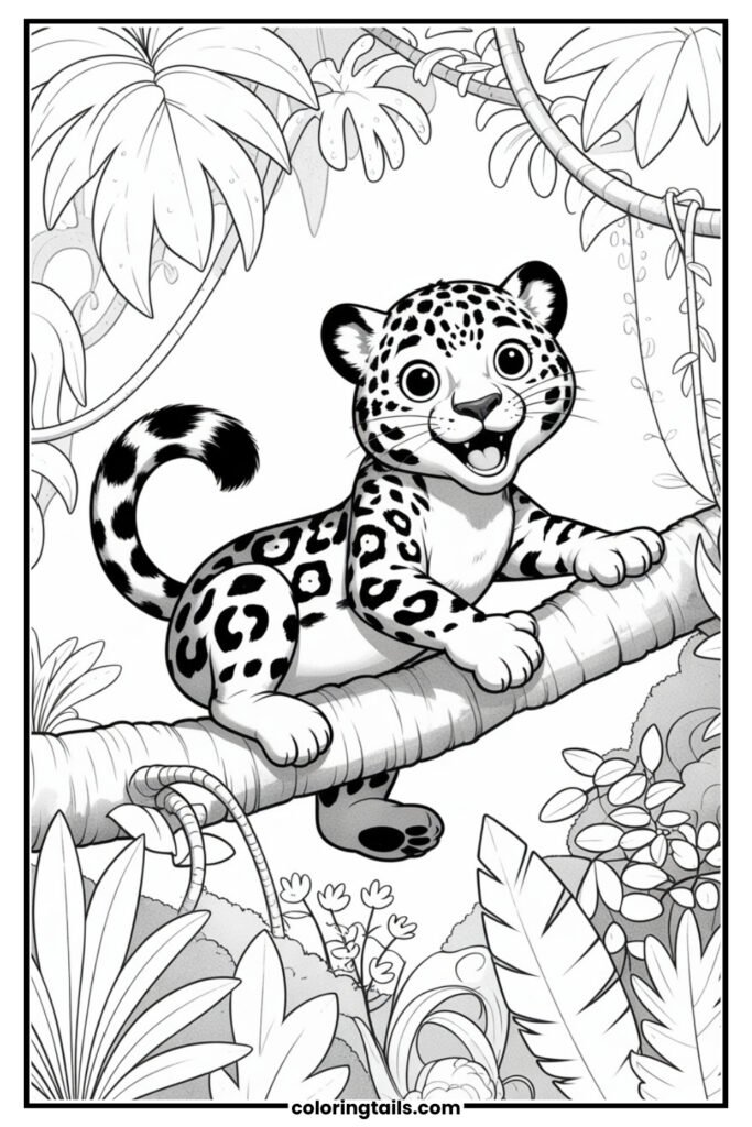 A fun, kid-friendly design with a smiling jaguar in a cartoon forest scene.