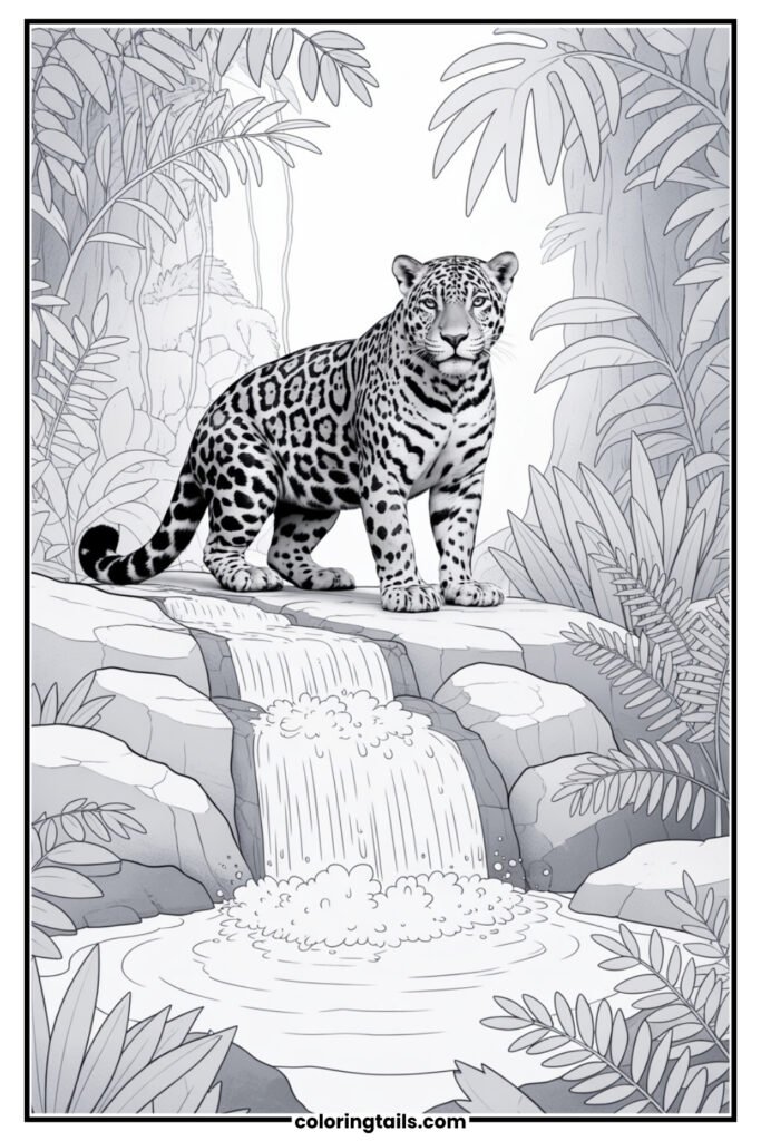 A scenic backdrop with a jaguar beside a cascading waterfall and lush greenery.