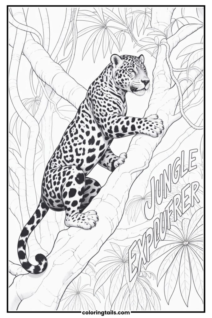 A jaguar climbing through the intertwined branches of a giant rainforest tree.