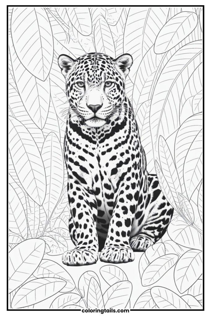 A camouflage-themed page where the jaguar is partially hidden in large tropical leaves.