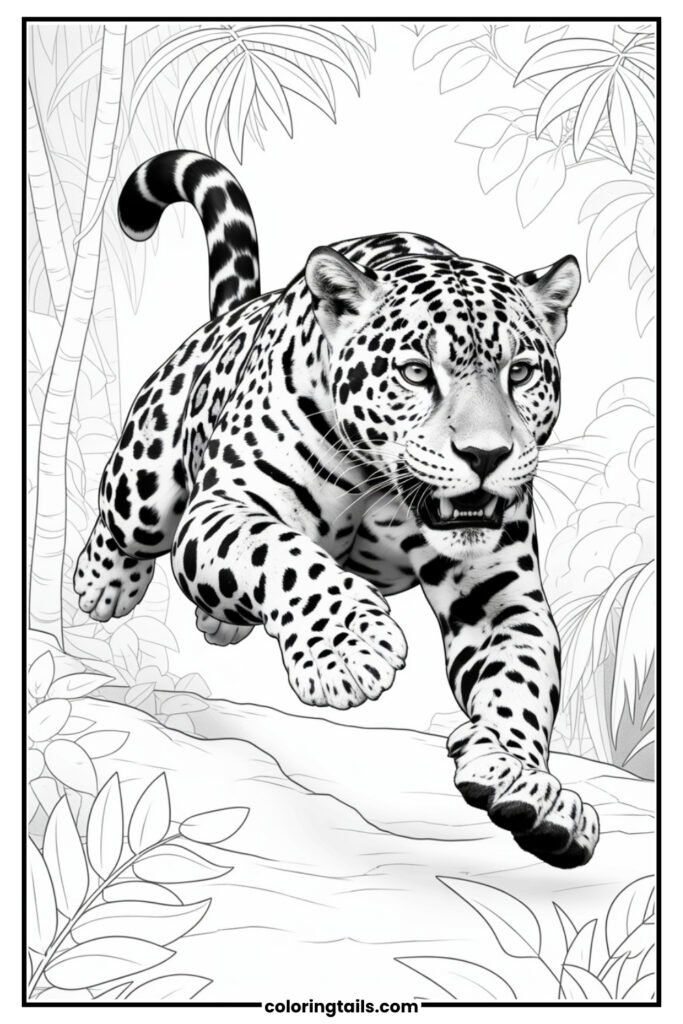 A high-action shot of a jaguar mid-pounce, with claws out and muscles flexed.