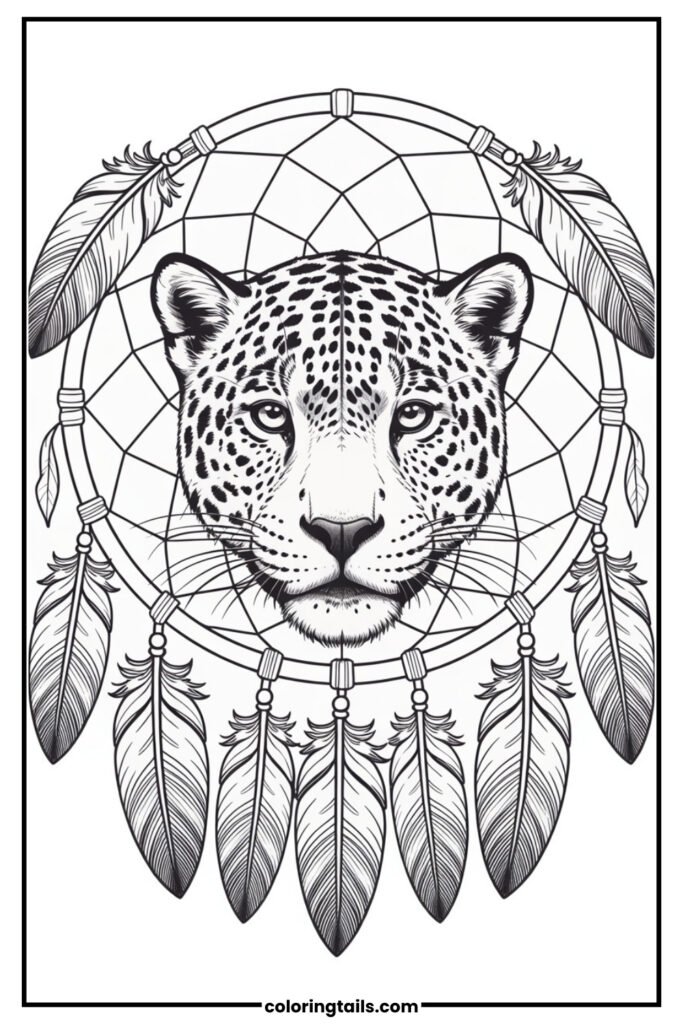 A fantasy design featuring a jaguar head within a dreamcatcher surrounded by feathers.