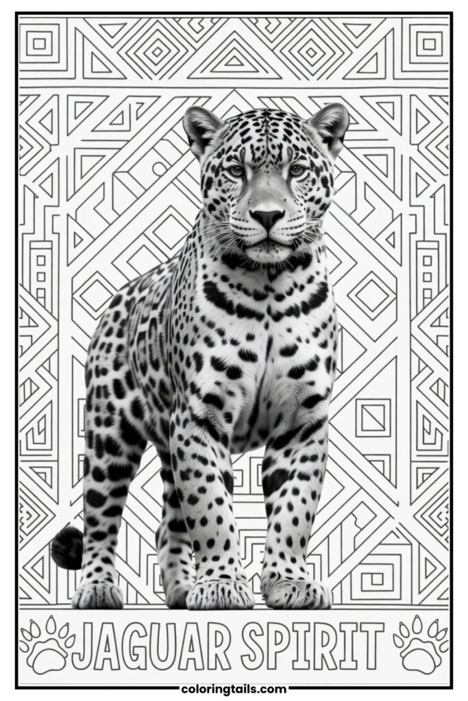 The jaguar set against a background of Aztec or tribal patterns to create a bold scene.