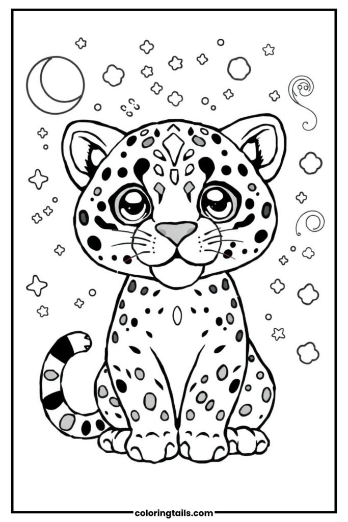 A mystical jaguar filled with stars, moons, and cosmic swirls, blending wildlife with outer space energy.