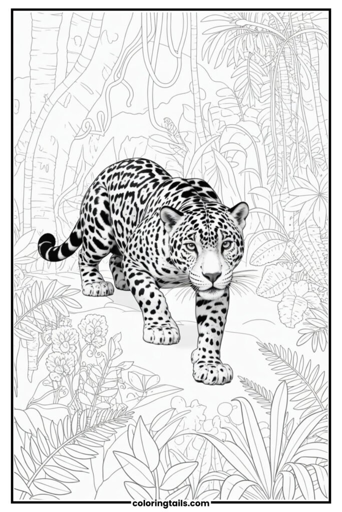 A jaguar crouched low and focused, stalking its prey through the rainforest underbrush.