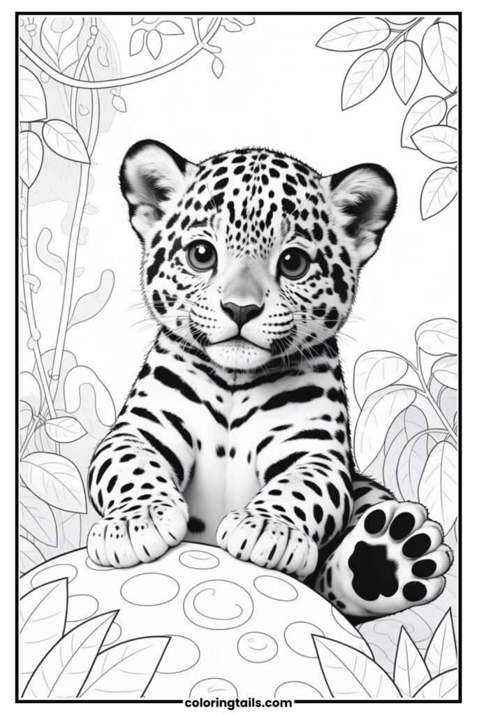 A wide-eyed, adorable baby jaguar sitting with big paws and a fluffy tail.
