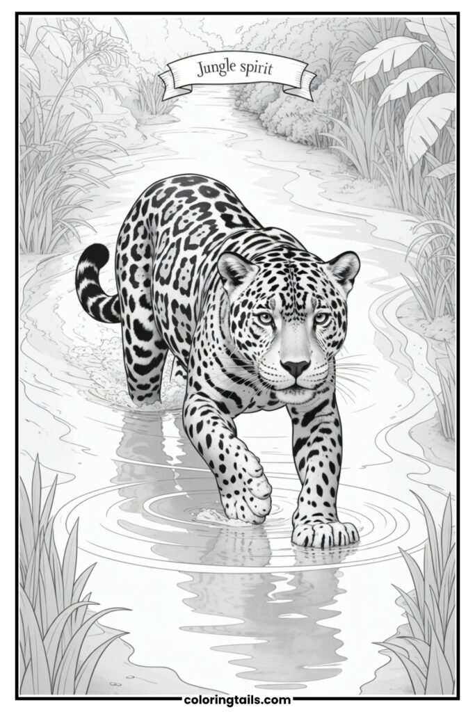 A jaguar crossing a river or stream, with ripples and reflections adding coloring depth.