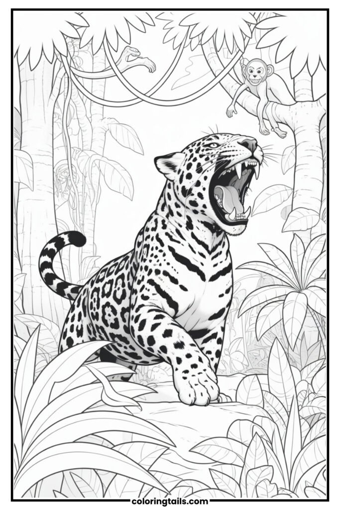 A powerful jaguar with its mouth open mid-roar, surrounded by dense jungle trees and twisting vines.