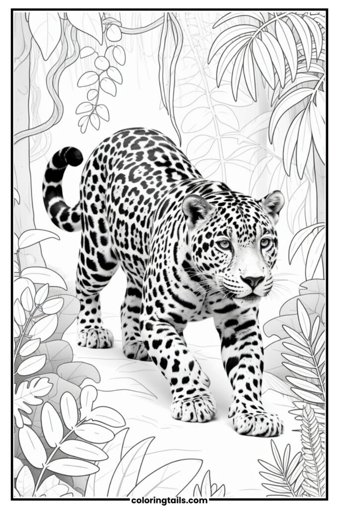 A jaguar blending into the leafy rainforest background, perfect for testing color skills.