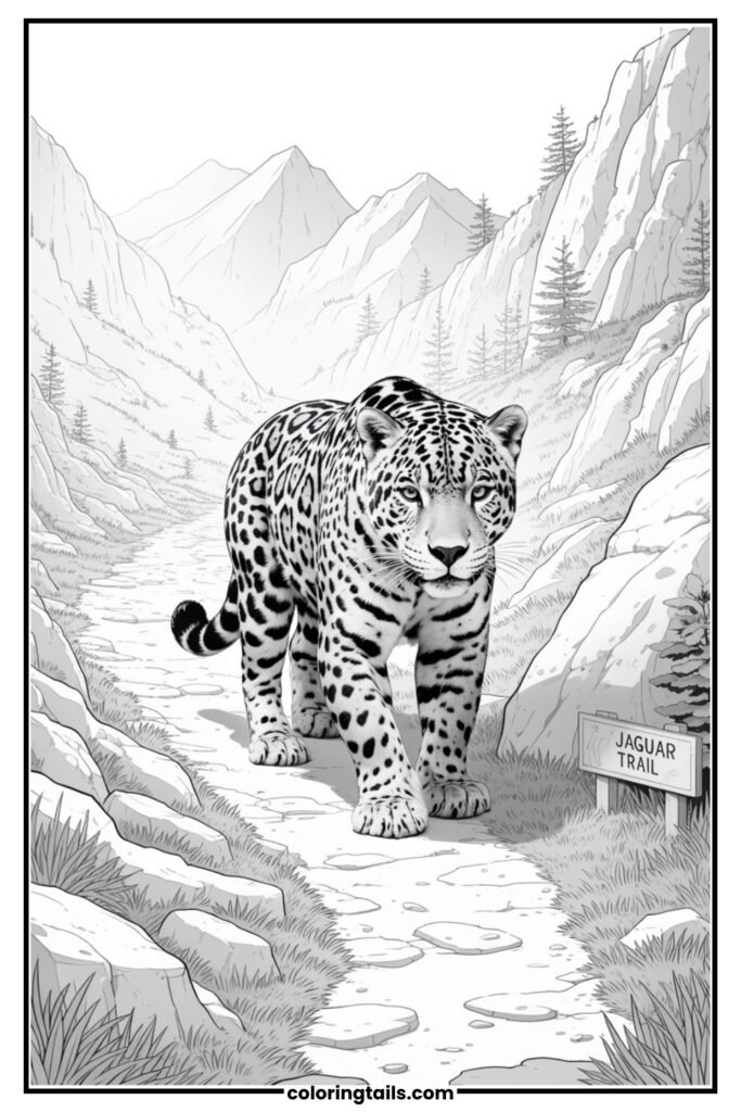 A jaguar walking a rugged trail with rocky cliffs and mountain peaks around it.