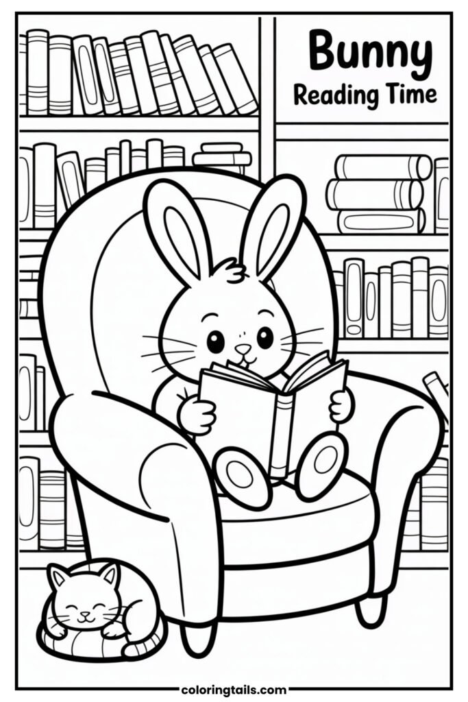 This sweet bunny is curled up in a cozy chair, reading a picture book with glasses on.