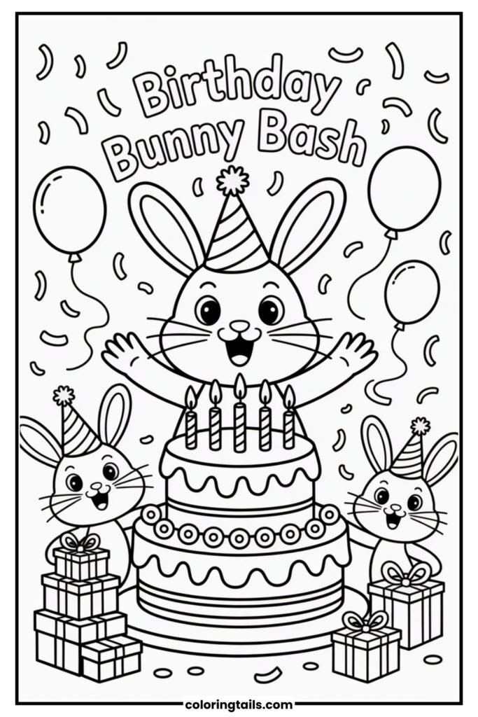 A birthday bunny blowing out candles on a big cake, surrounded by friends, party hats, and balloons.