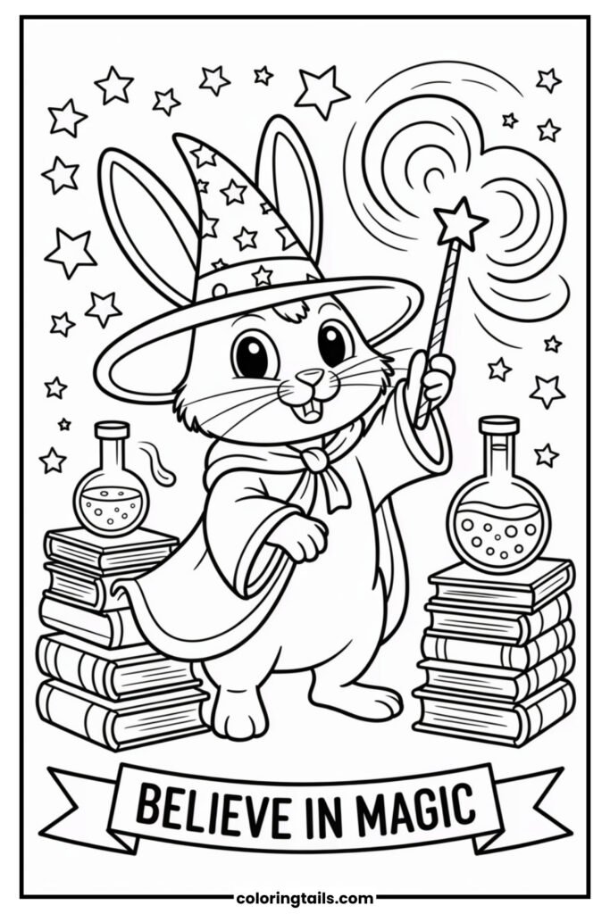This bunny wears a tall wizard hat and waves a sparkling wand. Potions, books, and stars fill the scene, offering a touch of magic.