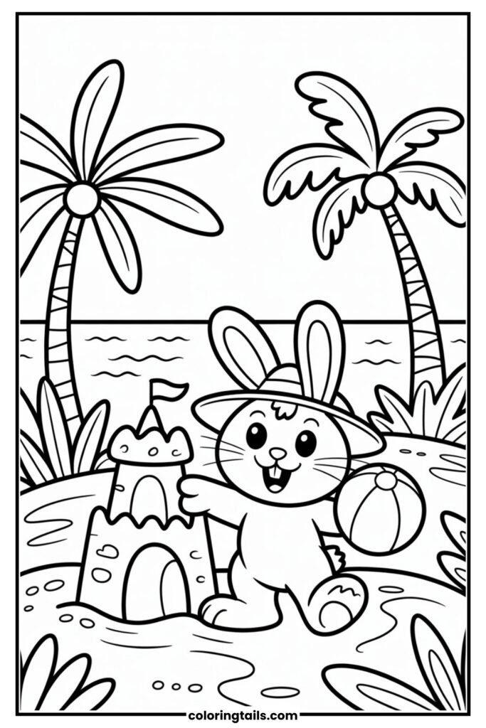 A bunny builds a sandcastle by the sea, with sunglasses, a sunhat, and a beach ball. Palm trees and ocean waves create a fun summertime backdrop.