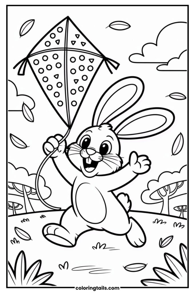A bunny is flying a big, patterned kite on a windy day, with trees blowing and leaves swirling.