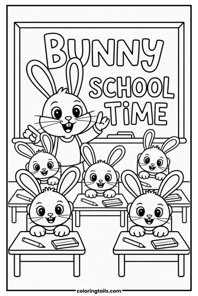 A smart bunny stands at a chalkboard teaching a group of baby bunnies. Desks, books, pencils, and a blackboard fill the scene.