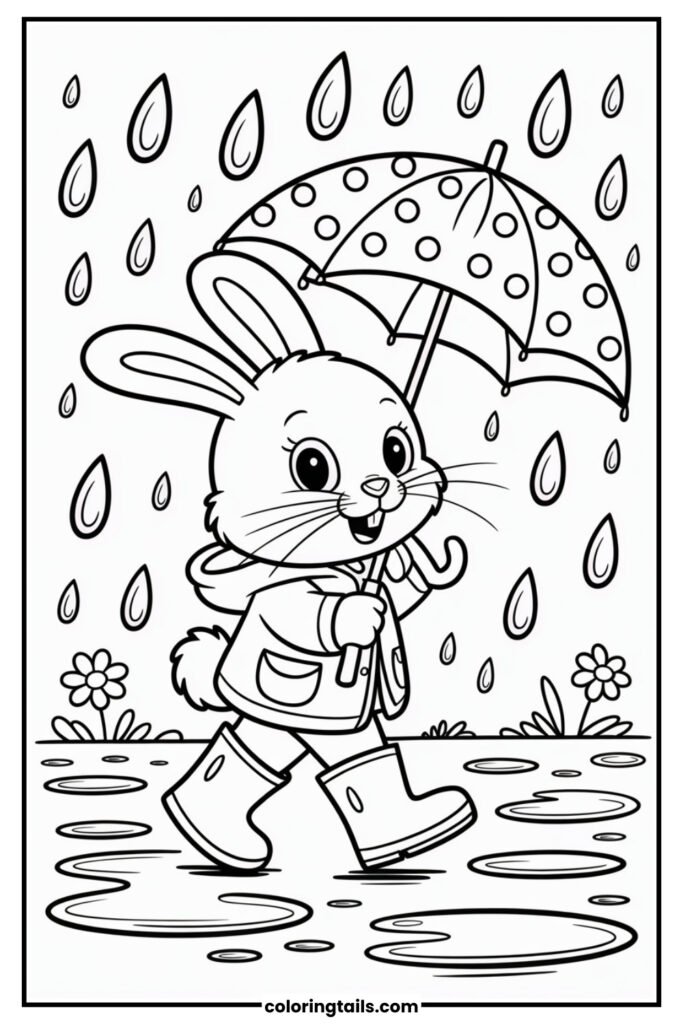 A bunny holding a polka-dot umbrella walks through puddles and raindrops, wearing rain boots and a slicker.