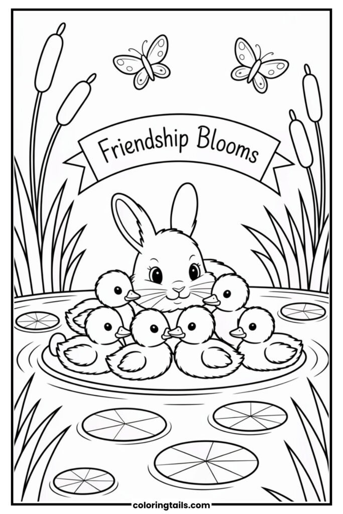 This page shows a sweet bunny surrounded by tiny ducklings near a pond. Lily pads, cattails, and butterflies frame the scene.