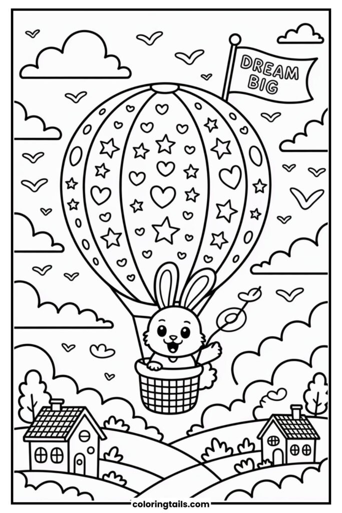 A bunny in a decorated hot air balloon flying over hills and houses. Clouds, birds, and a waving flag complete the sky journey.