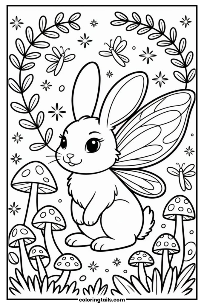 This bunny has fairy wings and sits in a mushroom-filled magical forest. With sparkles, glowing insects, and leafy vines, it’s perfect for those who love fantasy.