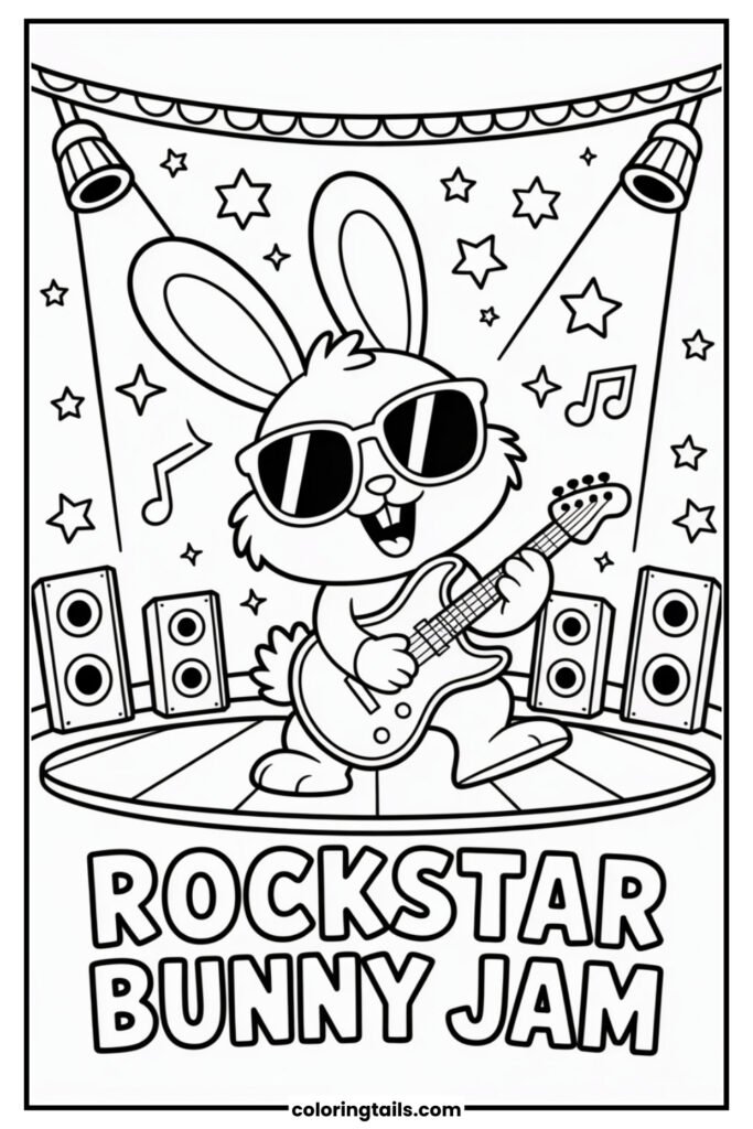 A bunny with sunglasses strums an electric guitar on stage, with speakers, lights, and stars in the background.